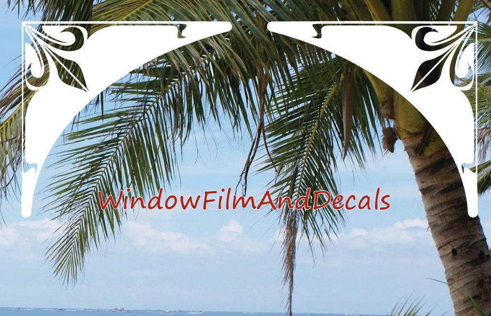 Image displaying both of the Decorative Corner on the upper edge of a window with a palm tree and blue skies in the background.