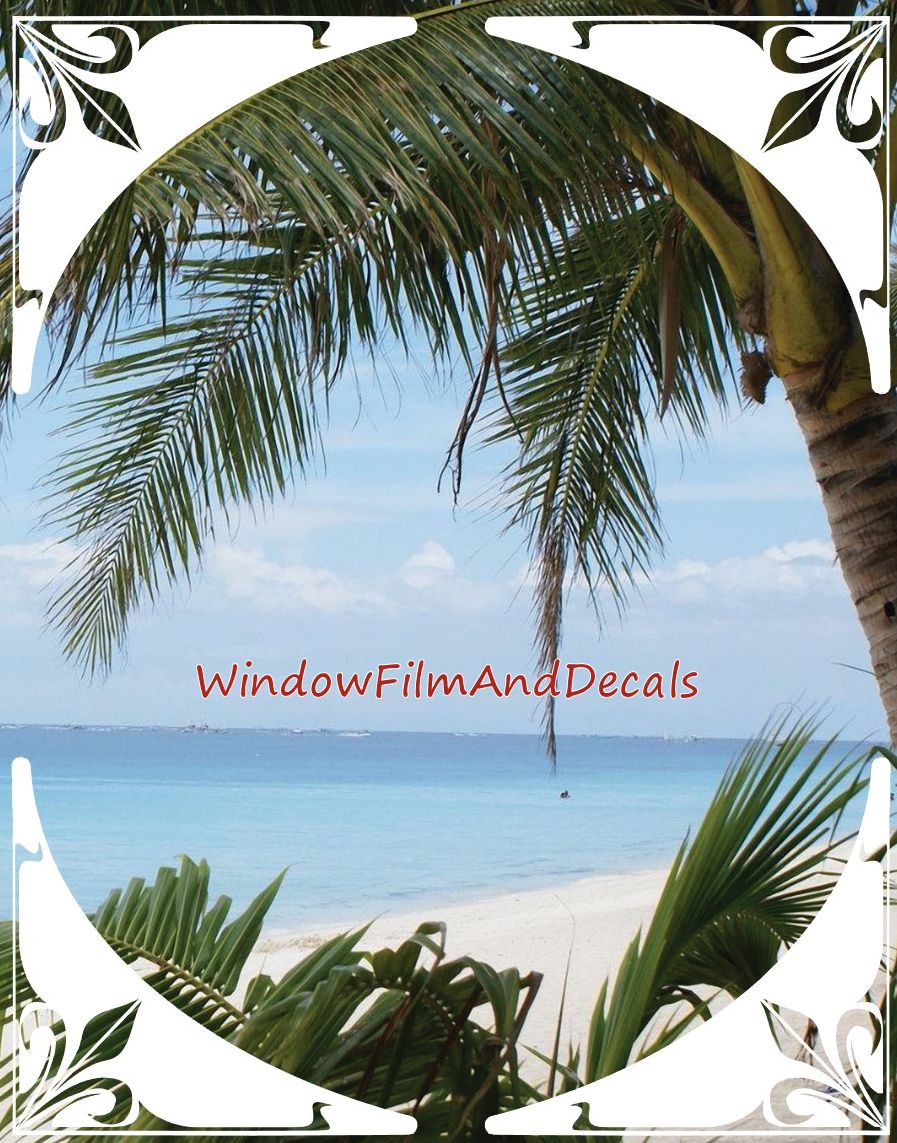 Image displaying four corners (2 sets) of the Decorative Corners on the top and bottom edges of a window with  a palm tree, ocean, and blue skies in the background.