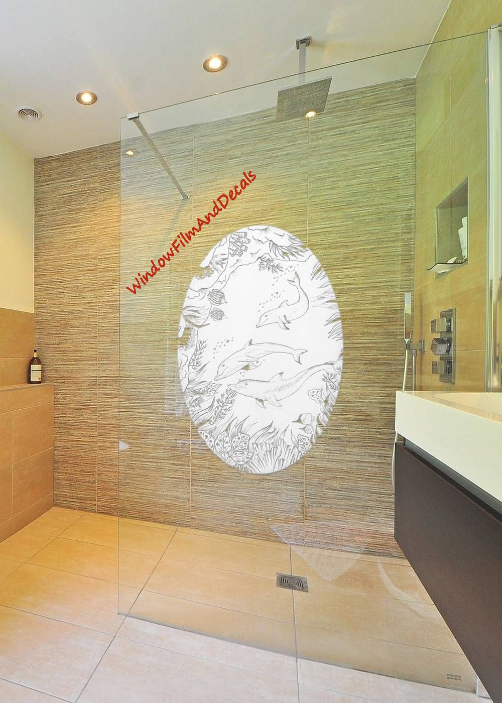 Large Dolphins Swimming Etched Glass Static Cling Decal on Shower Glass Door