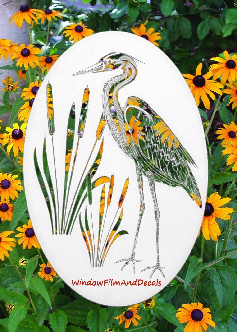 Egret & Cattails Right Oval Static Cling Window Decal - White w/Clear Design