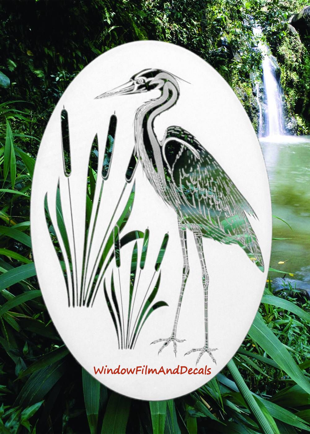 Egret & Cattails Right Oval Static Cling Window Decal - White w/Clear Design