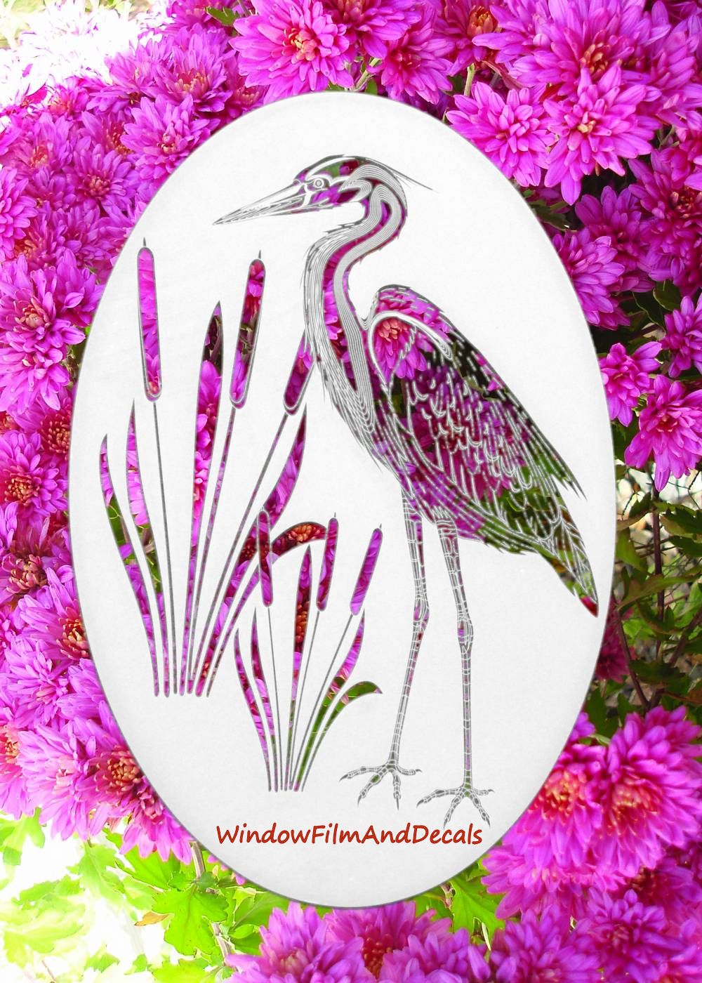 Egret & Cattails Right Oval Static Cling Window Decal - White w/Clear Design