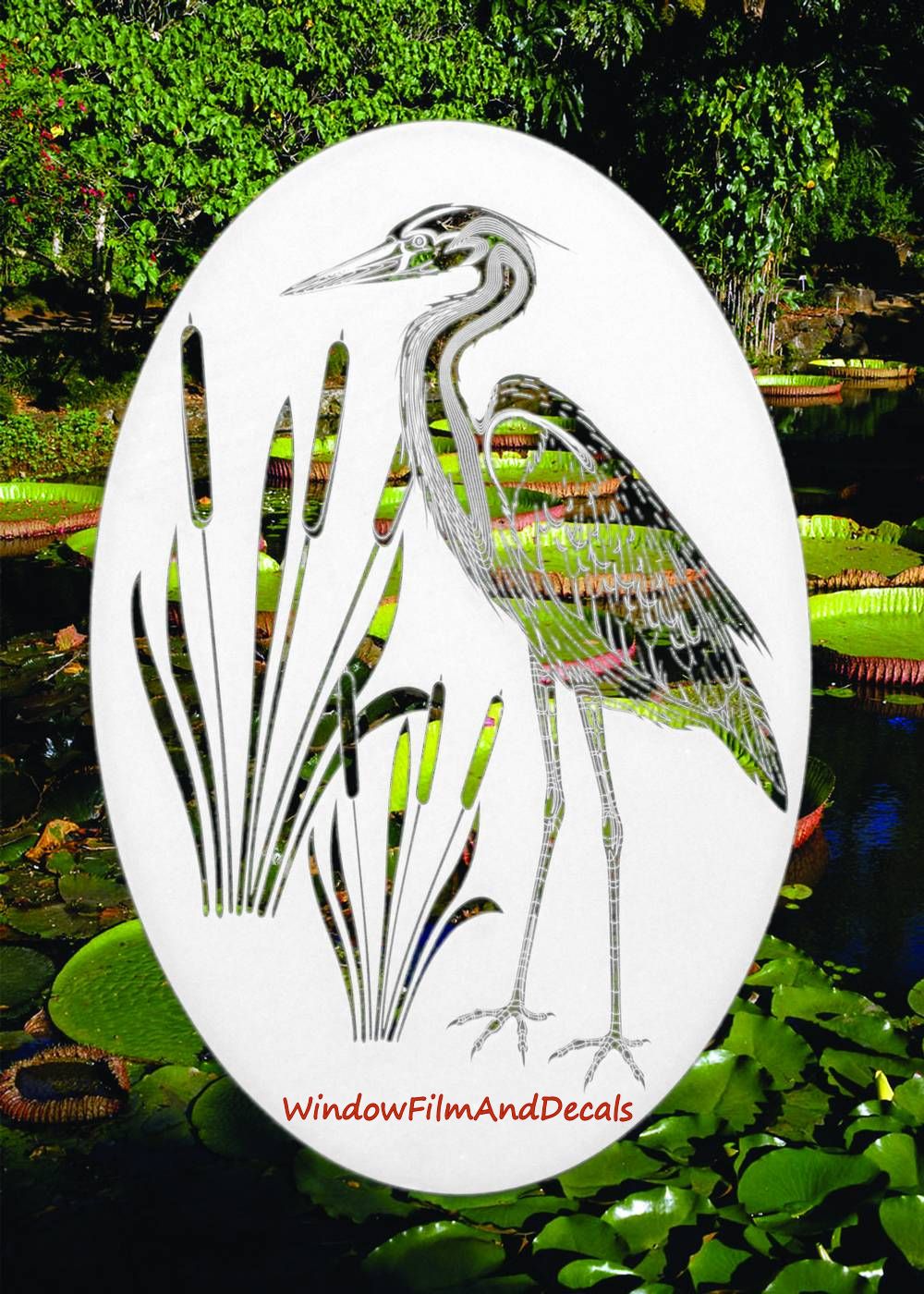 Egret & Cattails Right Oval Static Cling Window Decal - White w/Clear Design