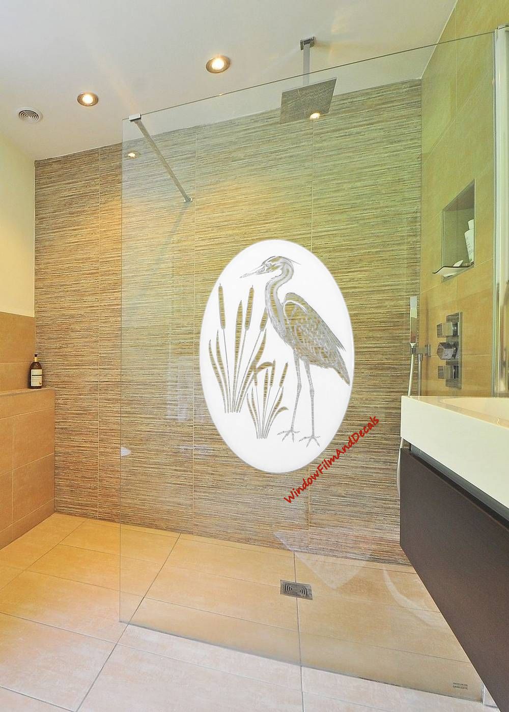 Egret & Cattails Right Oval Static Cling Window Decal - White w/Clear Design