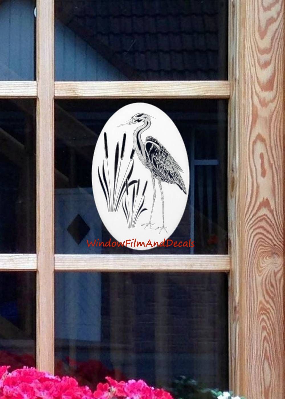 Egret & Cattails Right Oval Static Cling Window Decal - White w/Clear Design