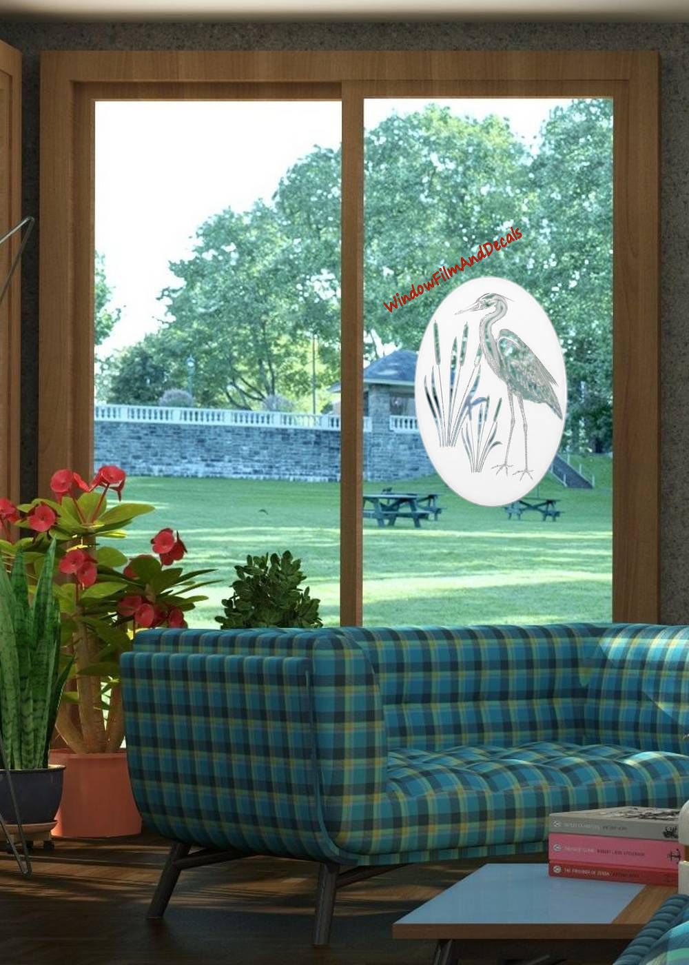 Egret & Cattails Right Oval Static Cling Window Decal - White w/Clear Design