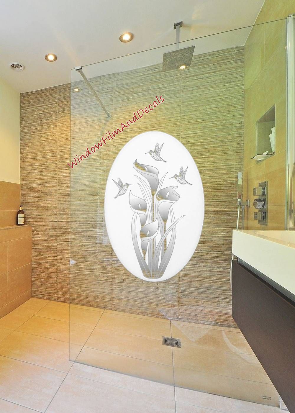 Lilies and Hummingbirds Oval Static Cling Window Decal - White w/Clear Design