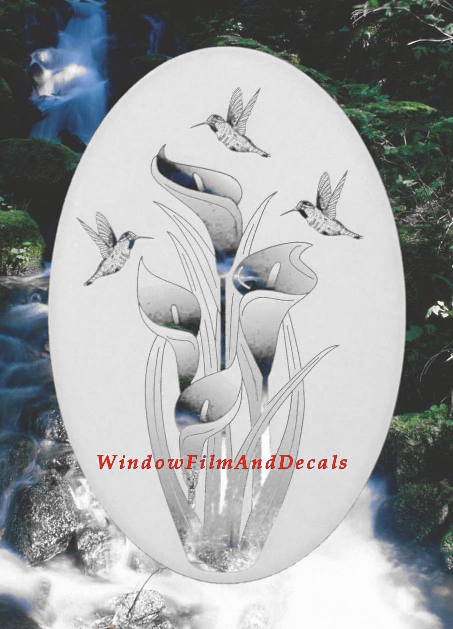 Lilies and Hummingbirds Oval Static Cling Window Decal - White w/Clear Design
