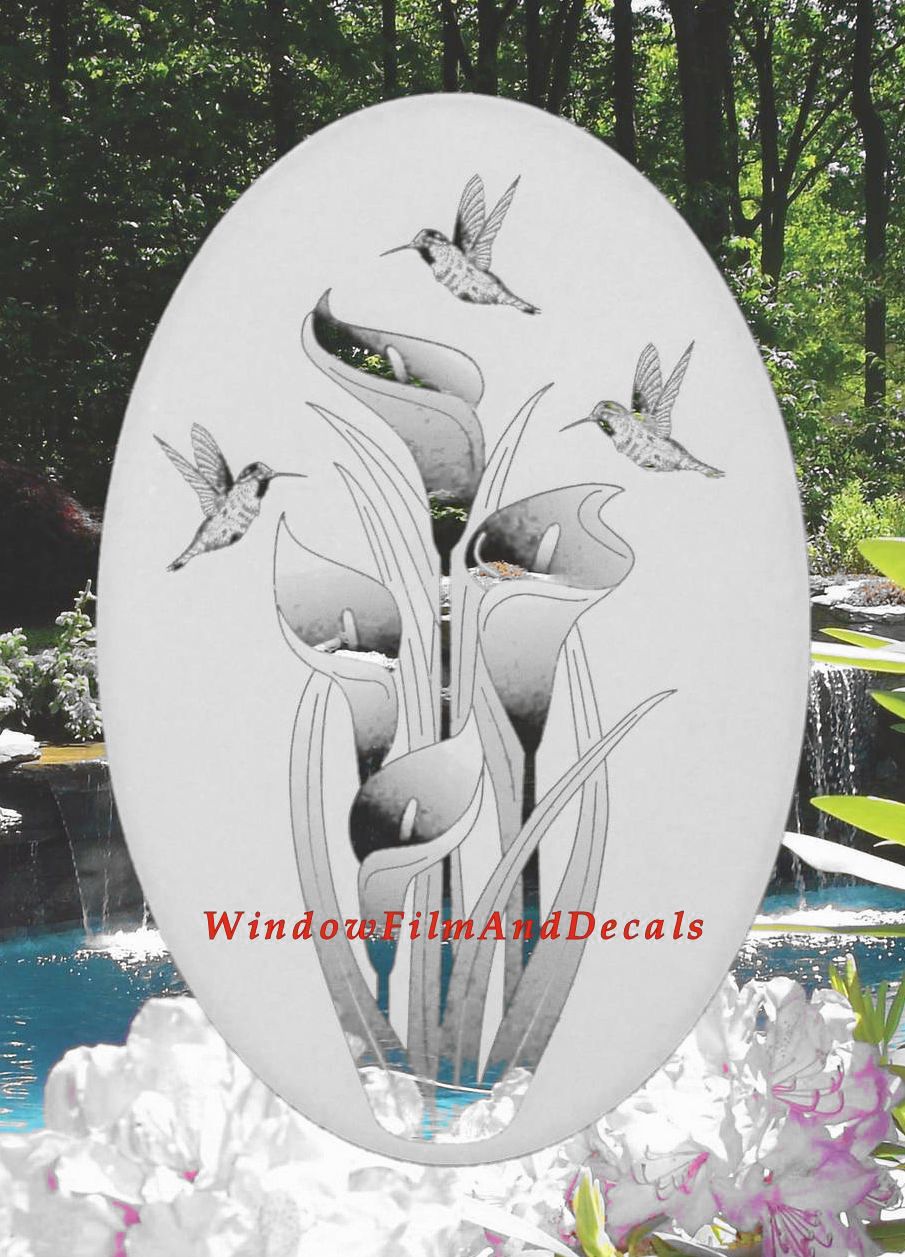Lilies and Hummingbirds Oval Static Cling Window Decal - White w/Clear Design