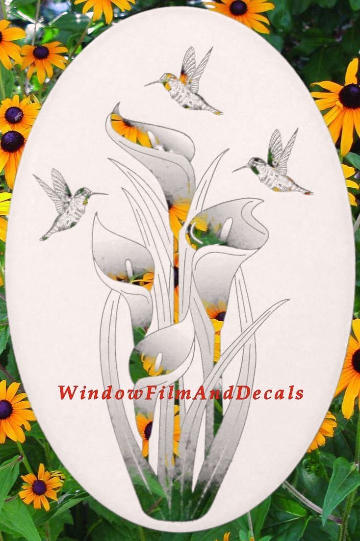 Lilies and Hummingbirds Oval Static Cling Window Decal - White w/Clear Design