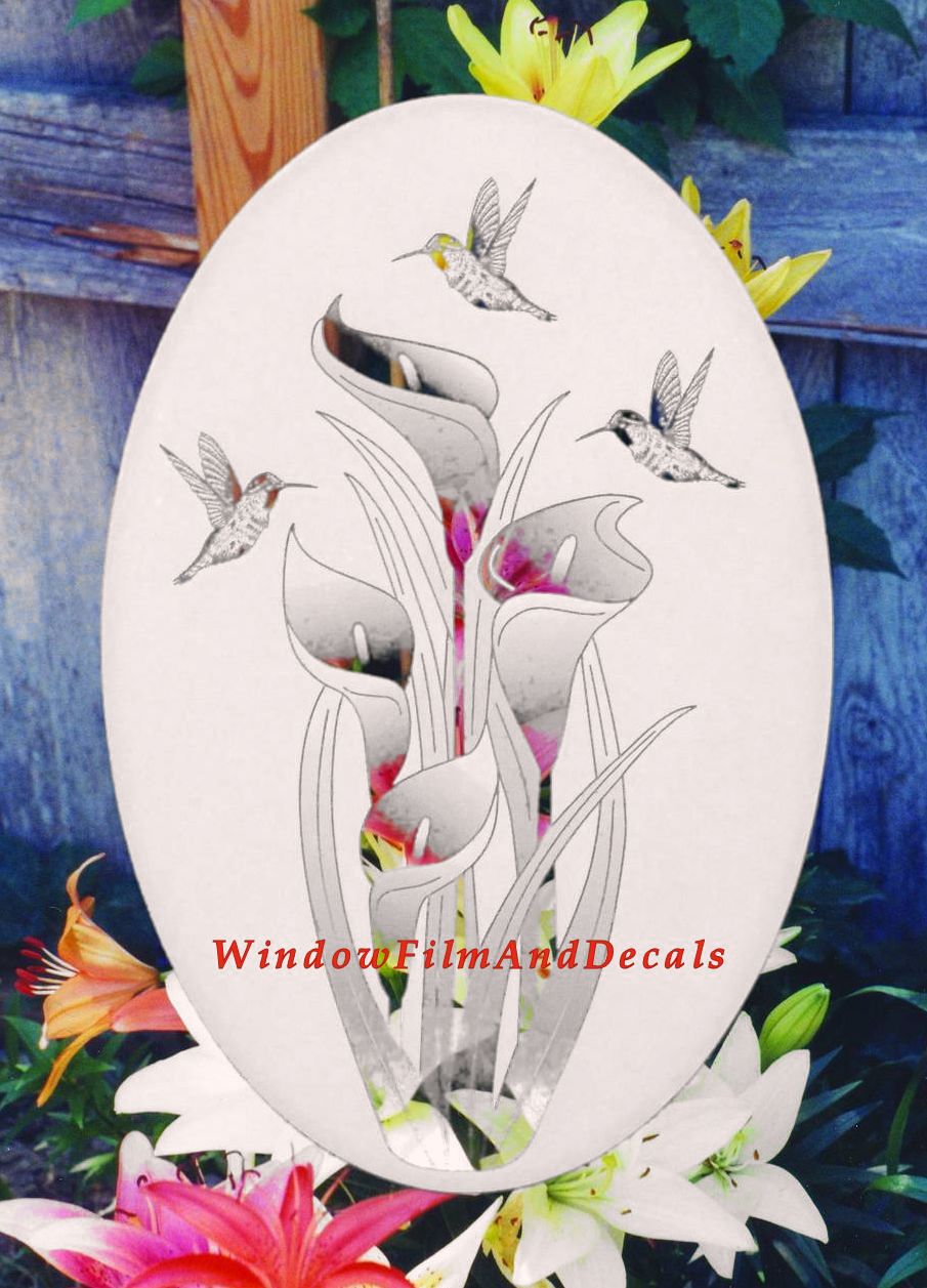 Lilies and Hummingbirds Oval Static Cling Window Decal - White w/Clear Design