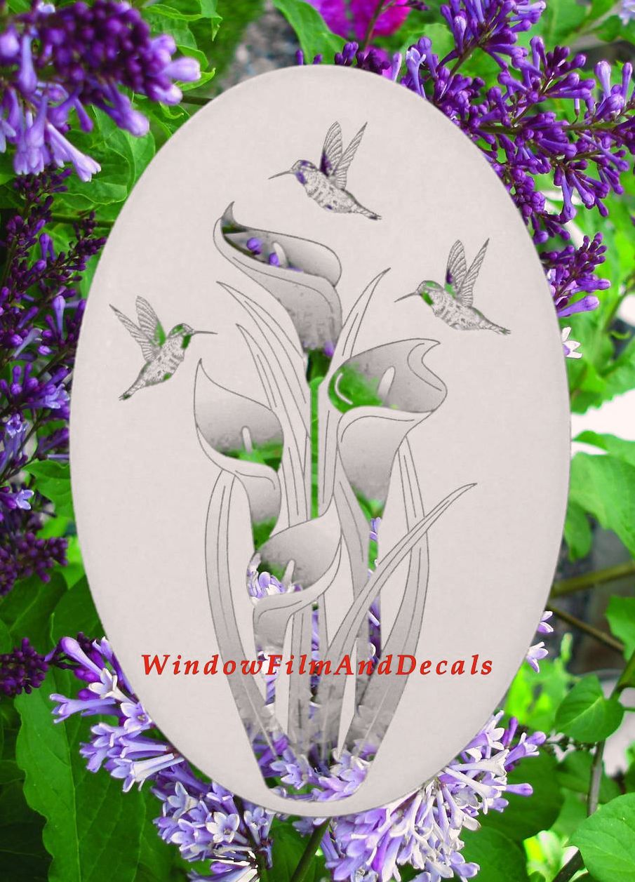 Lilies and Hummingbirds Oval Static Cling Window Decal - White w/Clear Design