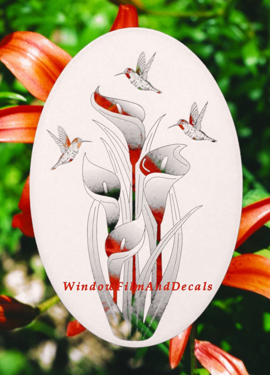 Lilies and Hummingbirds Oval Static Cling Window Decal - White w/Clear Design