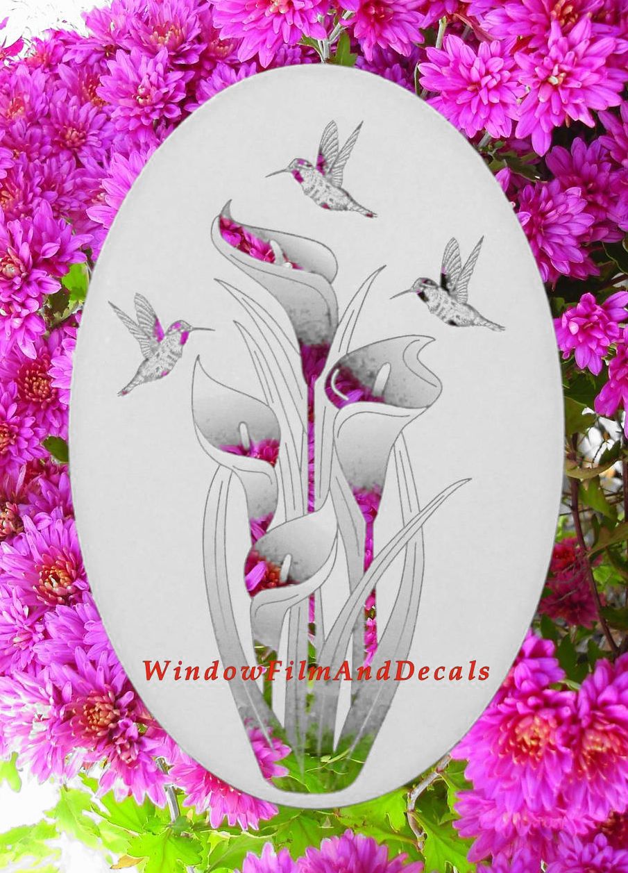 Lilies and Hummingbirds Oval Static Cling Window Decal - White w/Clear Design