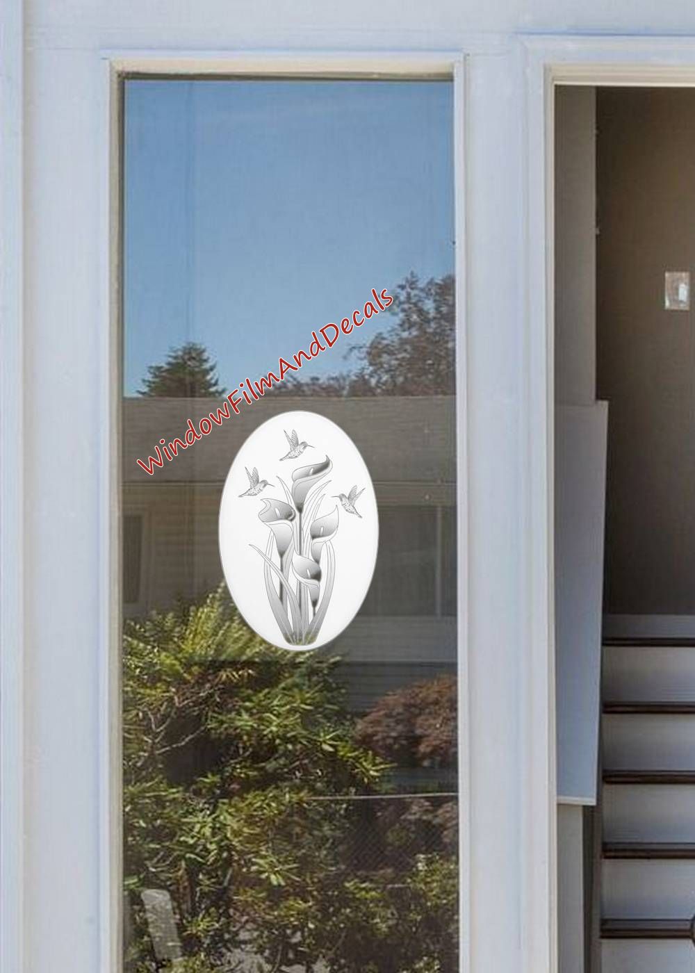 Lilies and Hummingbirds Oval Static Cling Window Decal - White w/Clear Design