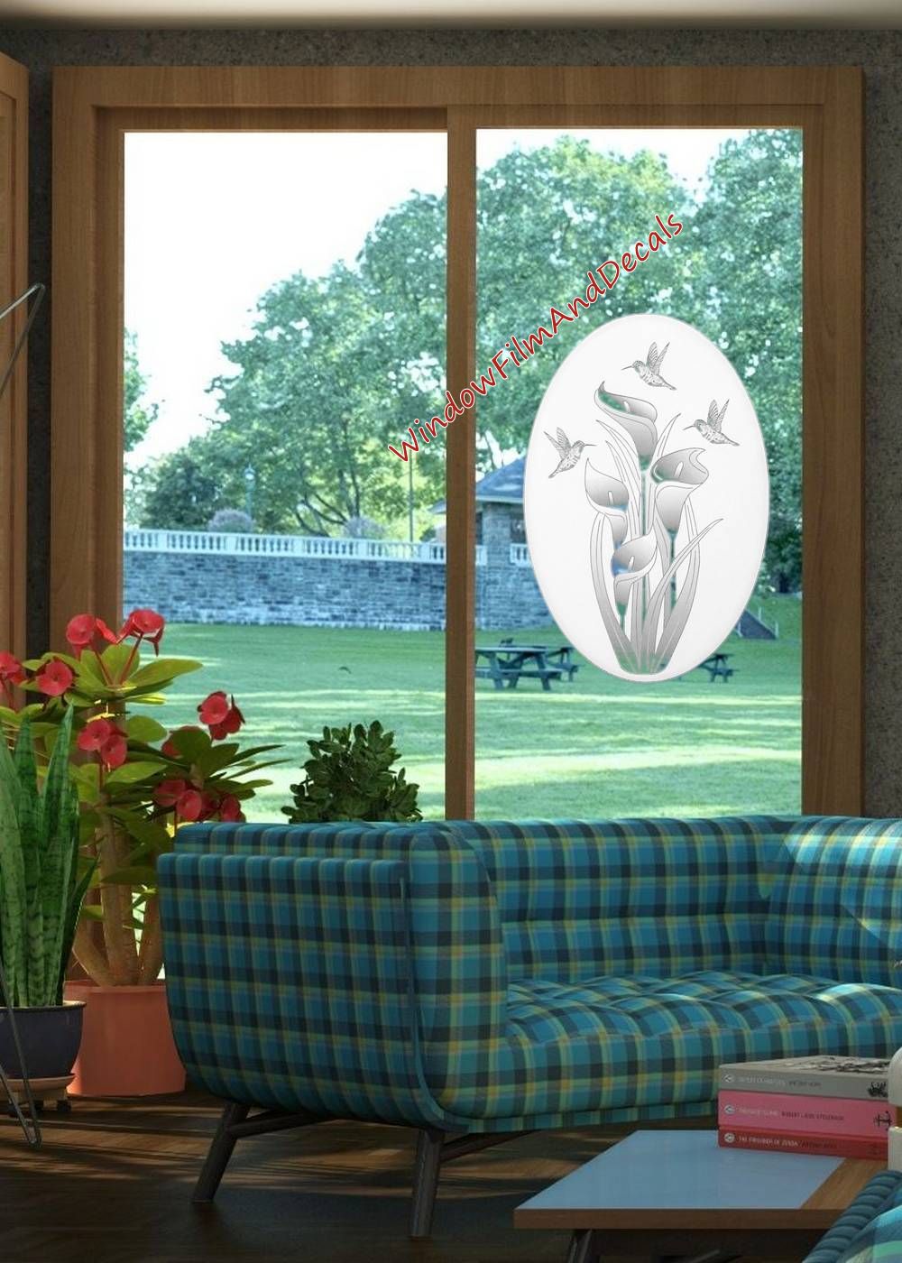Lilies and Hummingbirds Oval Static Cling Window Decal - White w/Clear Design