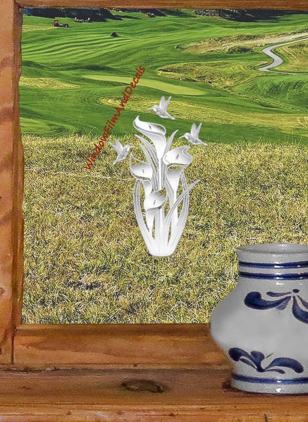 Lilies and Hummingbirds Oval Static Cling Window Decal - Clear w/ White Design