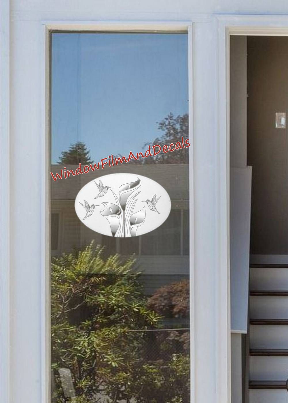 Lilies and Hummingbirds Oval Static Cling Window Decal - White with Clear Design