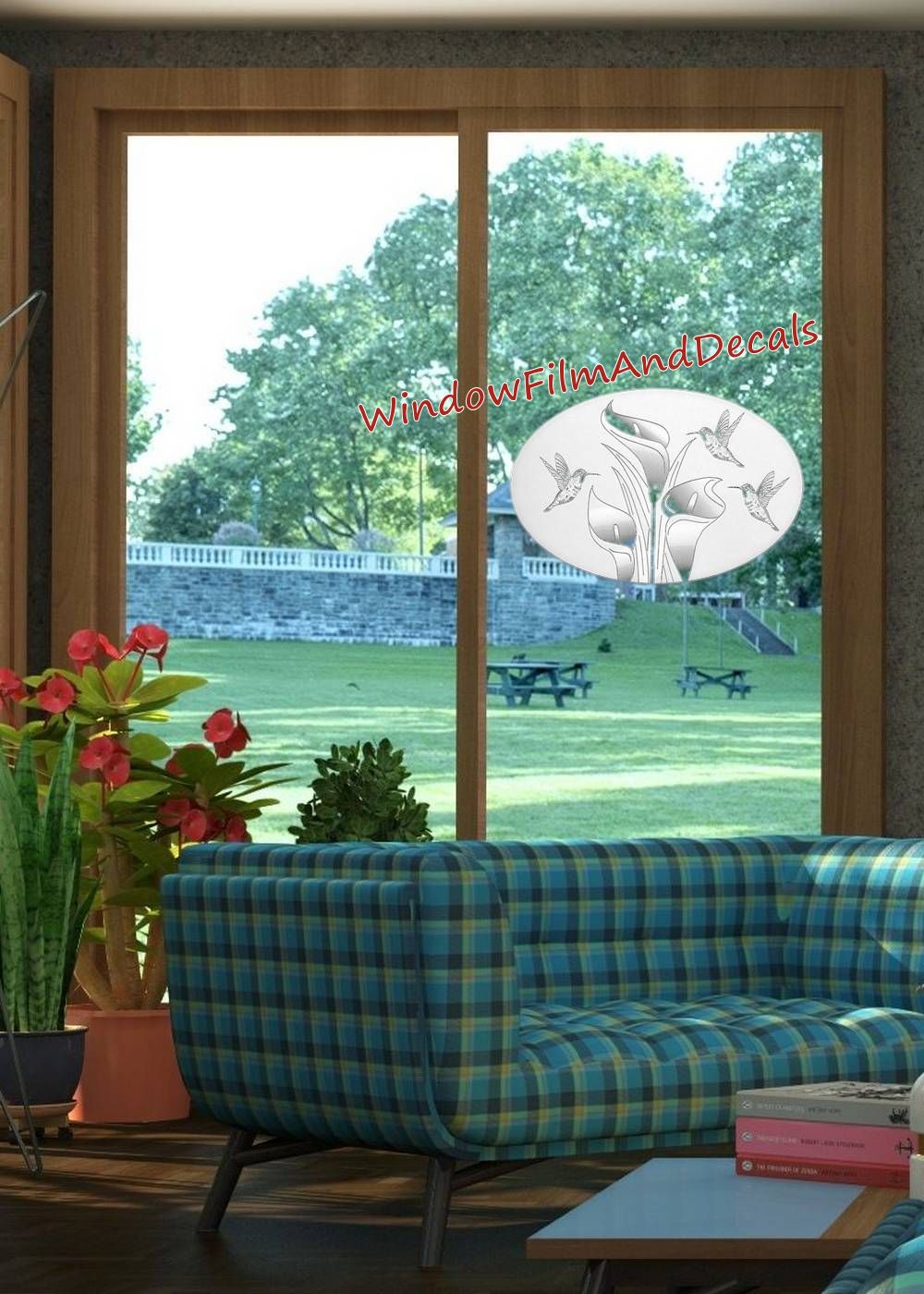 Lilies and Hummingbirds Oval Static Cling Window Decal - White with Clear Design