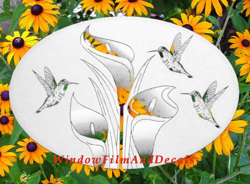Lilies and Hummingbirds Oval Static Cling Window Decal - White with Clear Design