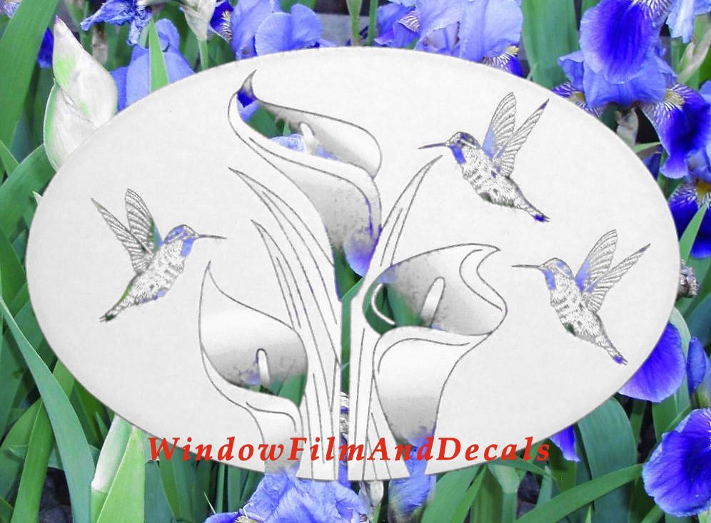 Lilies and Hummingbirds Oval Static Cling Window Decal - White with Clear Design