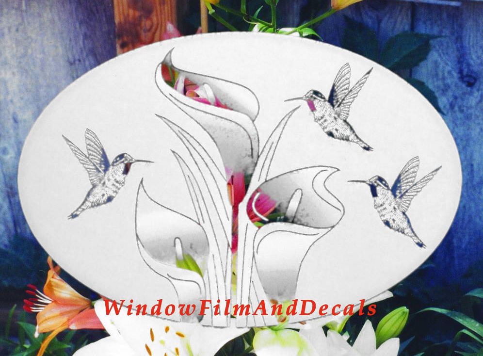 Lilies and Hummingbirds Oval Static Cling Window Decal - White with Clear Design