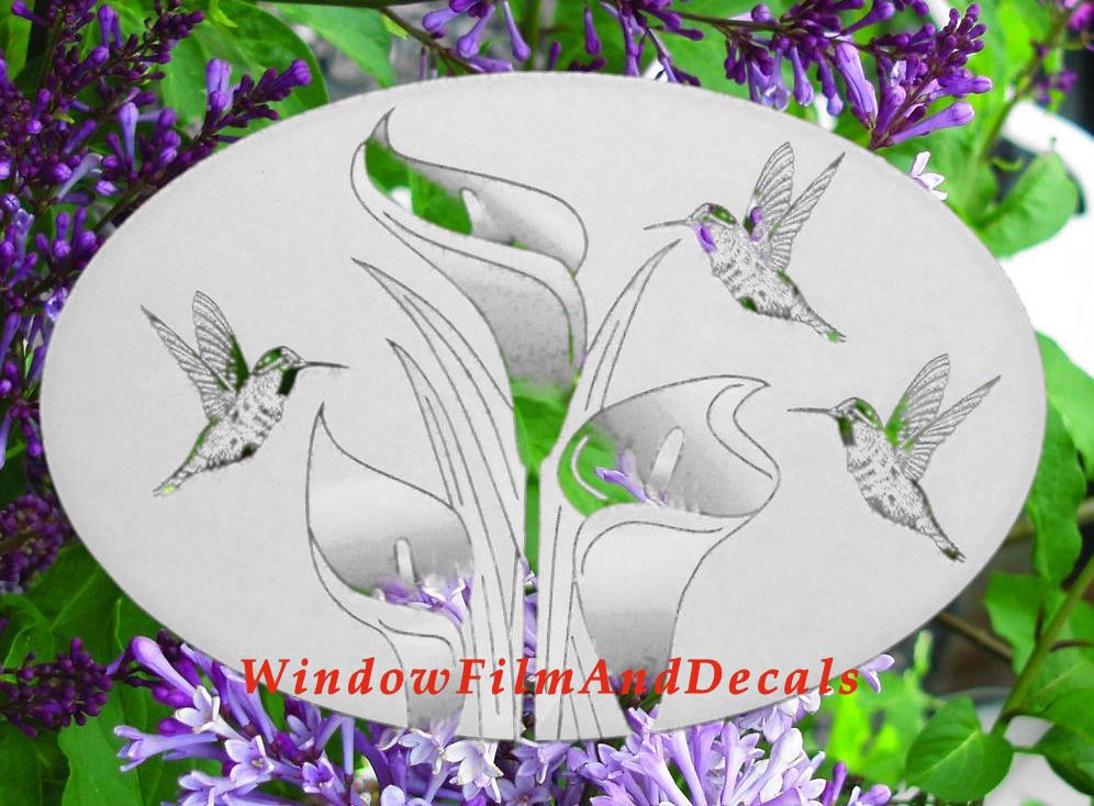 Lilies and Hummingbirds Oval Static Cling Window Decal - White with Clear Design