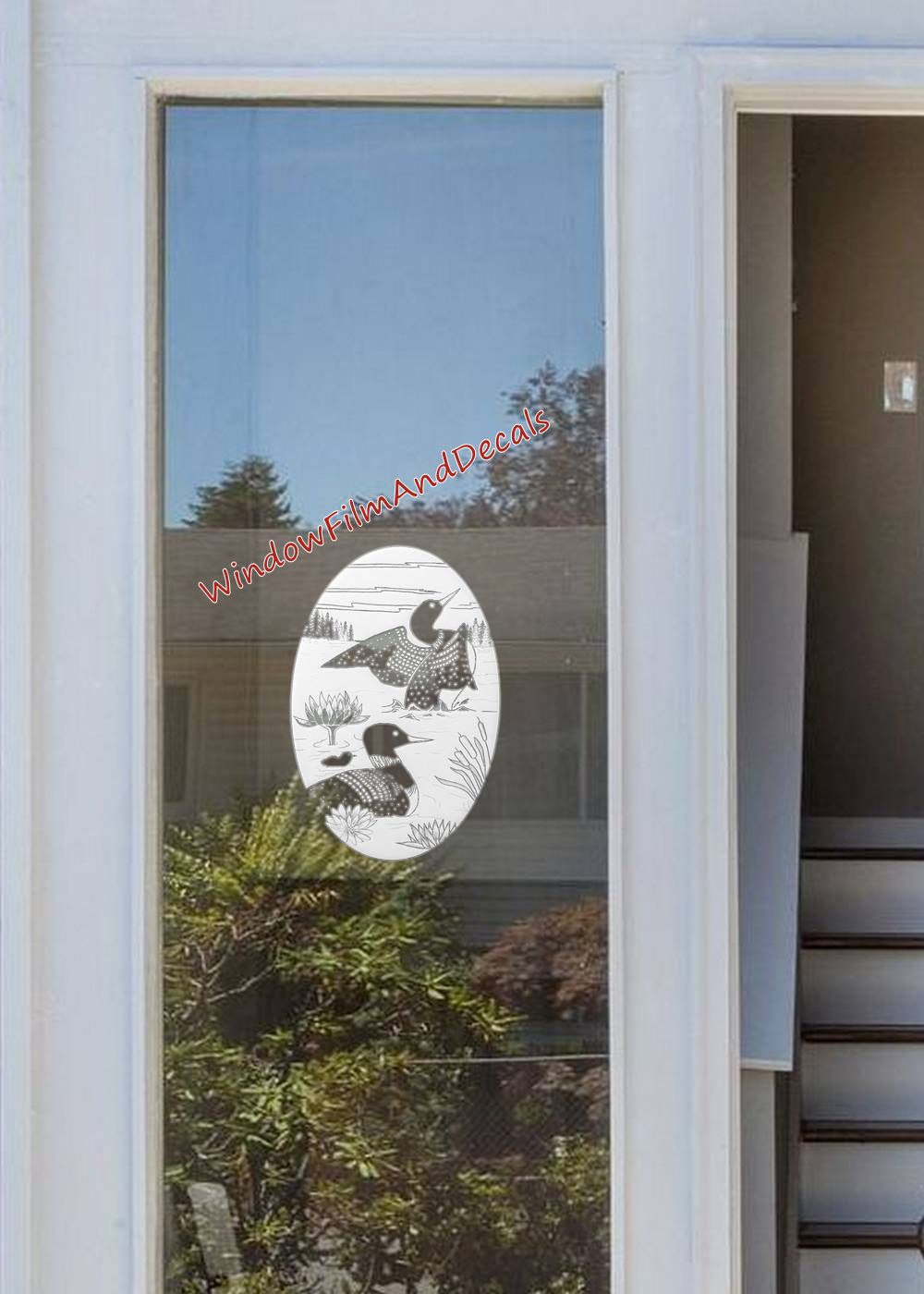 Loons Scene Oval Static Cling Window Decal - White w/Clear Design