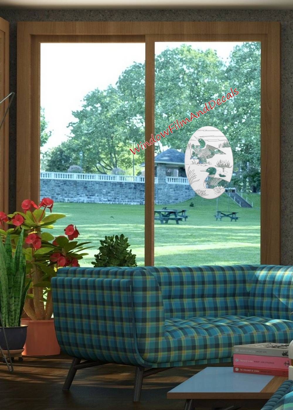Loons Scene Oval Static Cling Window Decal - White w/Clear Design
