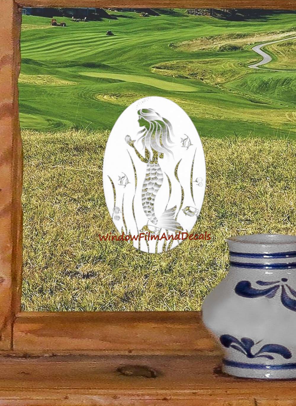 Mermaid Oval Static Cling Window Decal - White w/ Clear Design