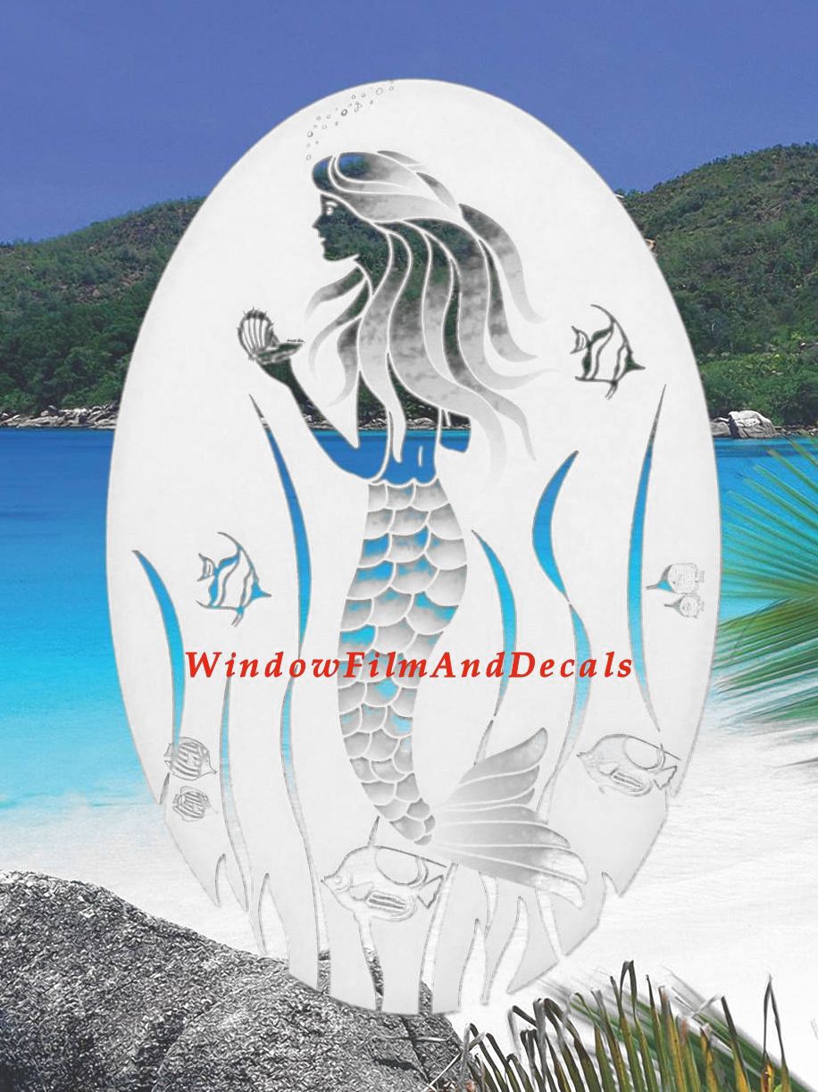Mermaid Oval Static Cling Window Decal - White w/ Clear Design