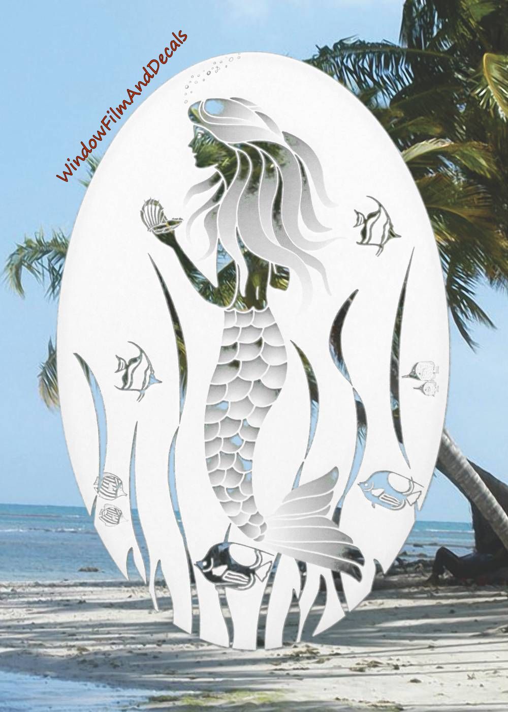 Mermaid Oval Static Cling Window Decal - White w/ Clear Design