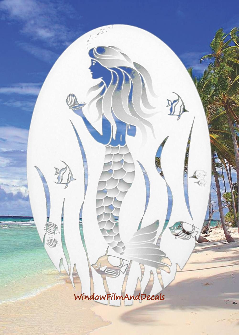 Mermaid Oval Static Cling Window Decal - White w/ Clear Design