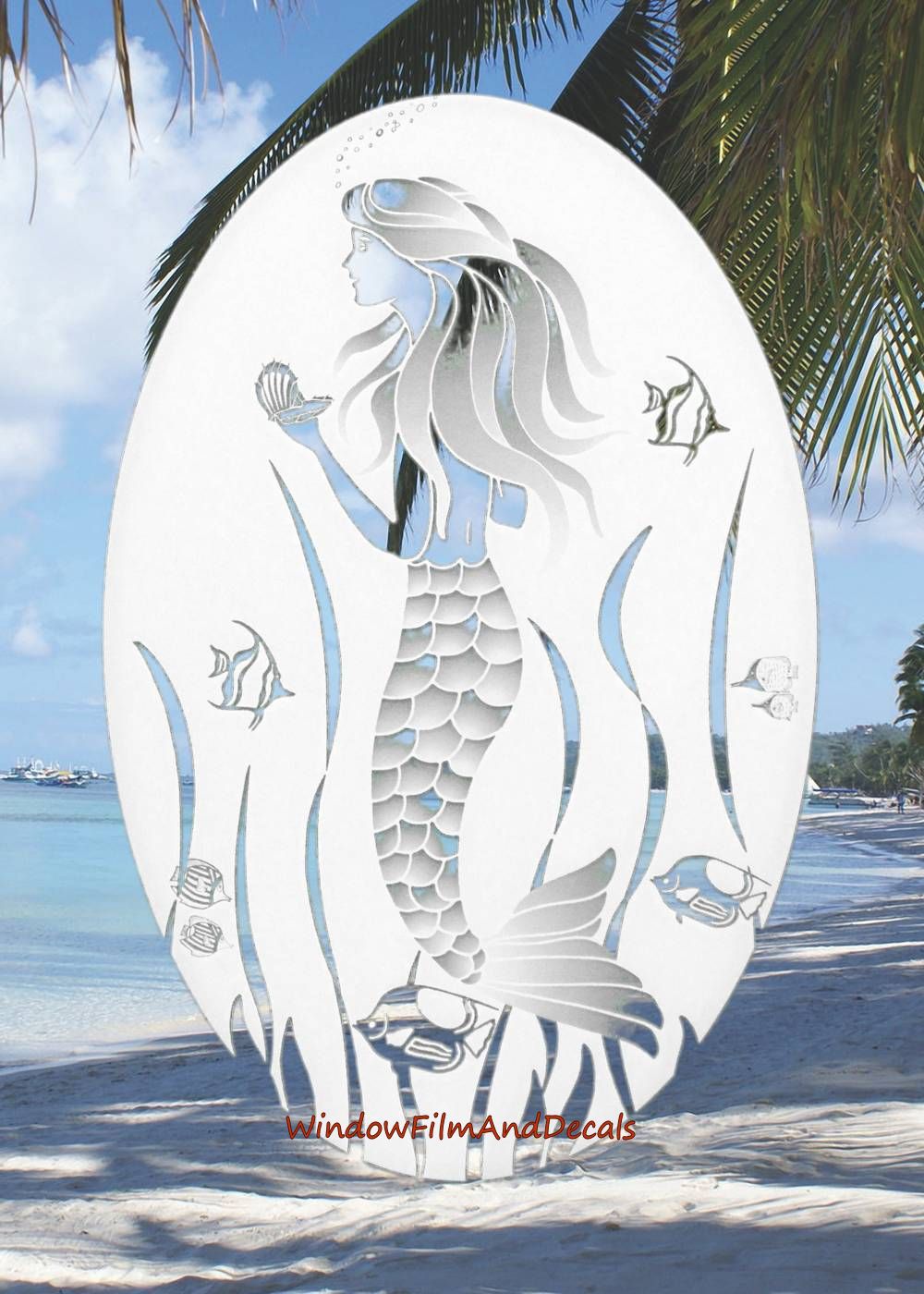 Mermaid Oval Static Cling Window Decal - White w/ Clear Design