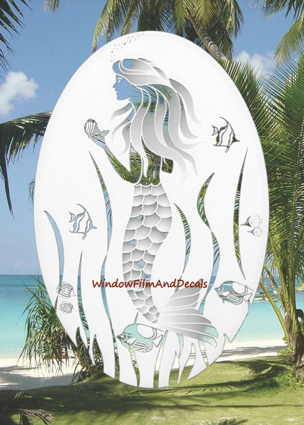 Mermaid Oval Static Cling Window Decal - White w/ Clear Design