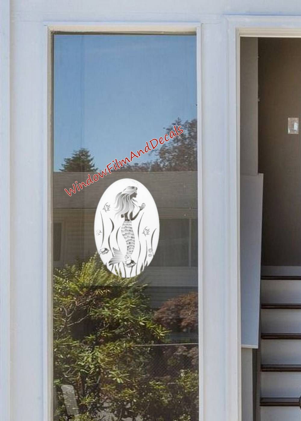 Mermaid Oval Static Cling Window Decal - White w/ Clear Design