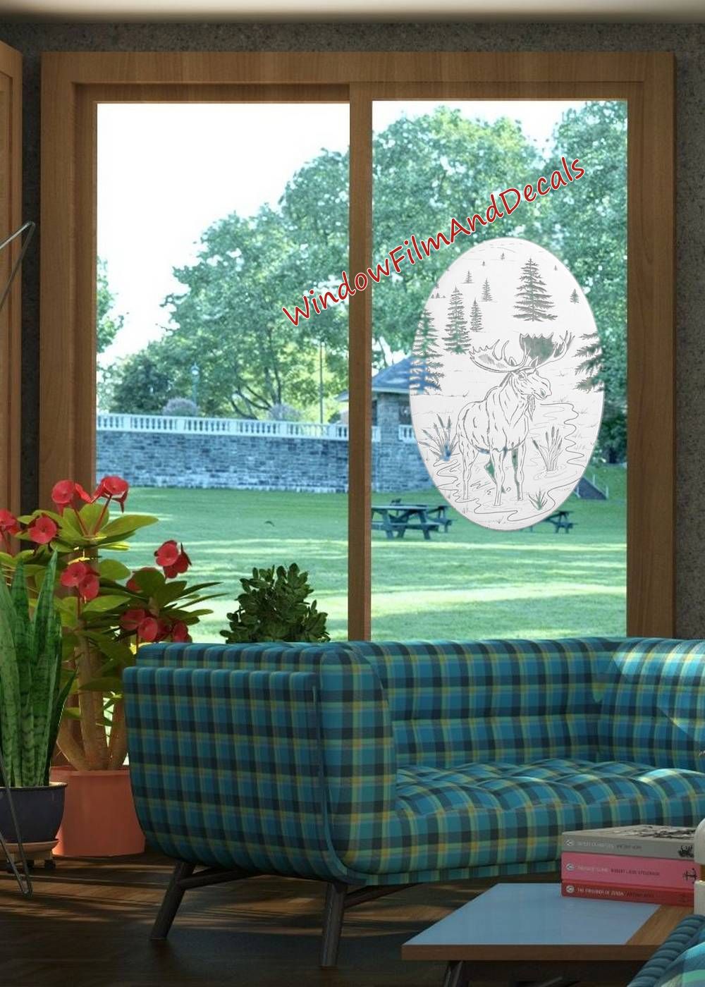 Moose Scene Oval Static Cling Window Decal - White w/Clear Design