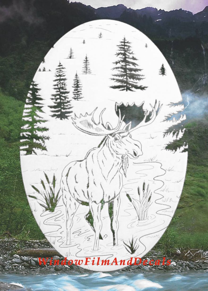 Moose Scene Oval Static Cling Window Decal - White w/Clear Design