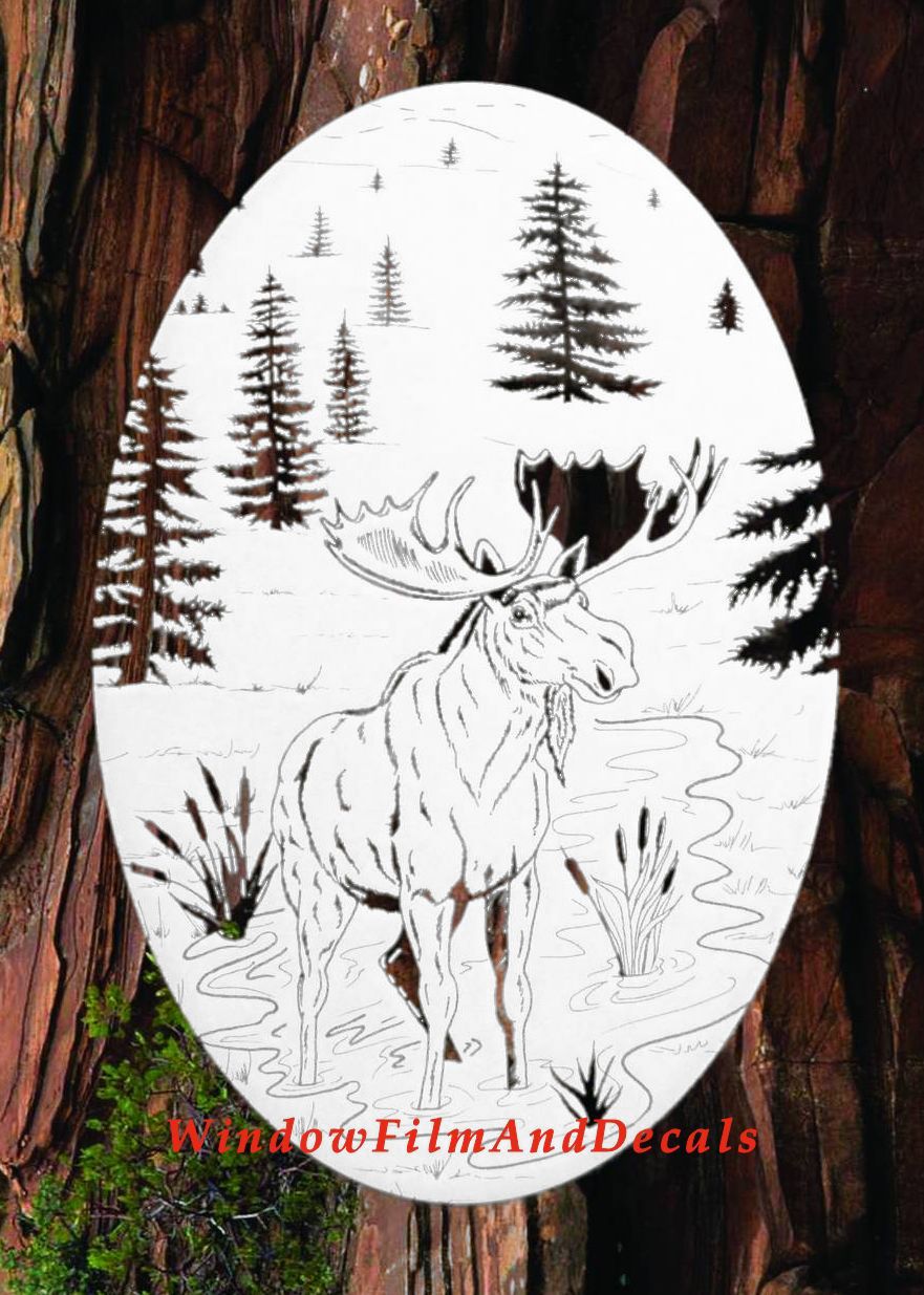Moose Scene Oval Static Cling Window Decal - White w/Clear Design