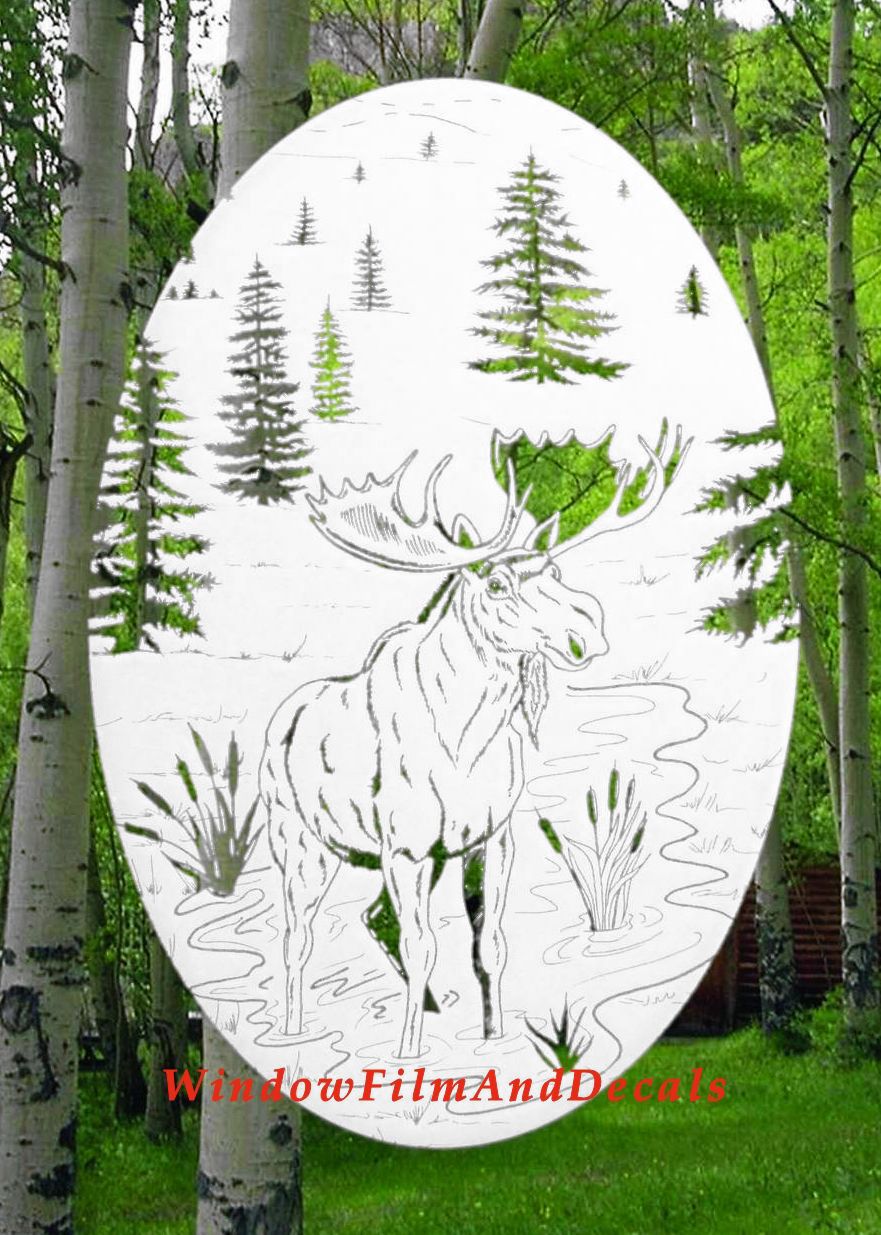 Moose Scene Oval Static Cling Window Decal - White w/Clear Design