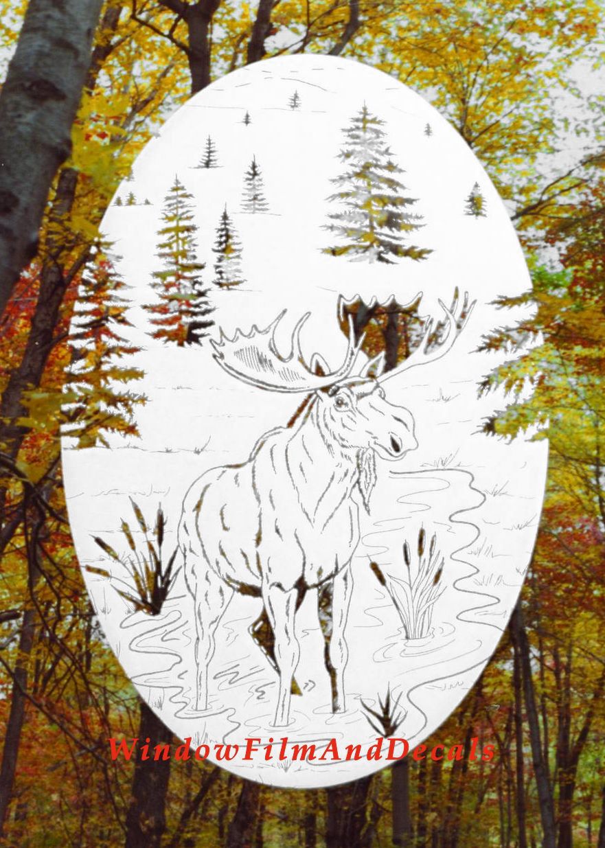 Moose Scene Oval Static Cling Window Decal - White w/Clear Design