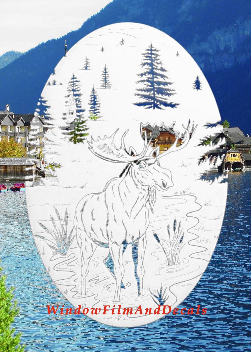 Moose Scene Oval Static Cling Window Decal - White w/Clear Design