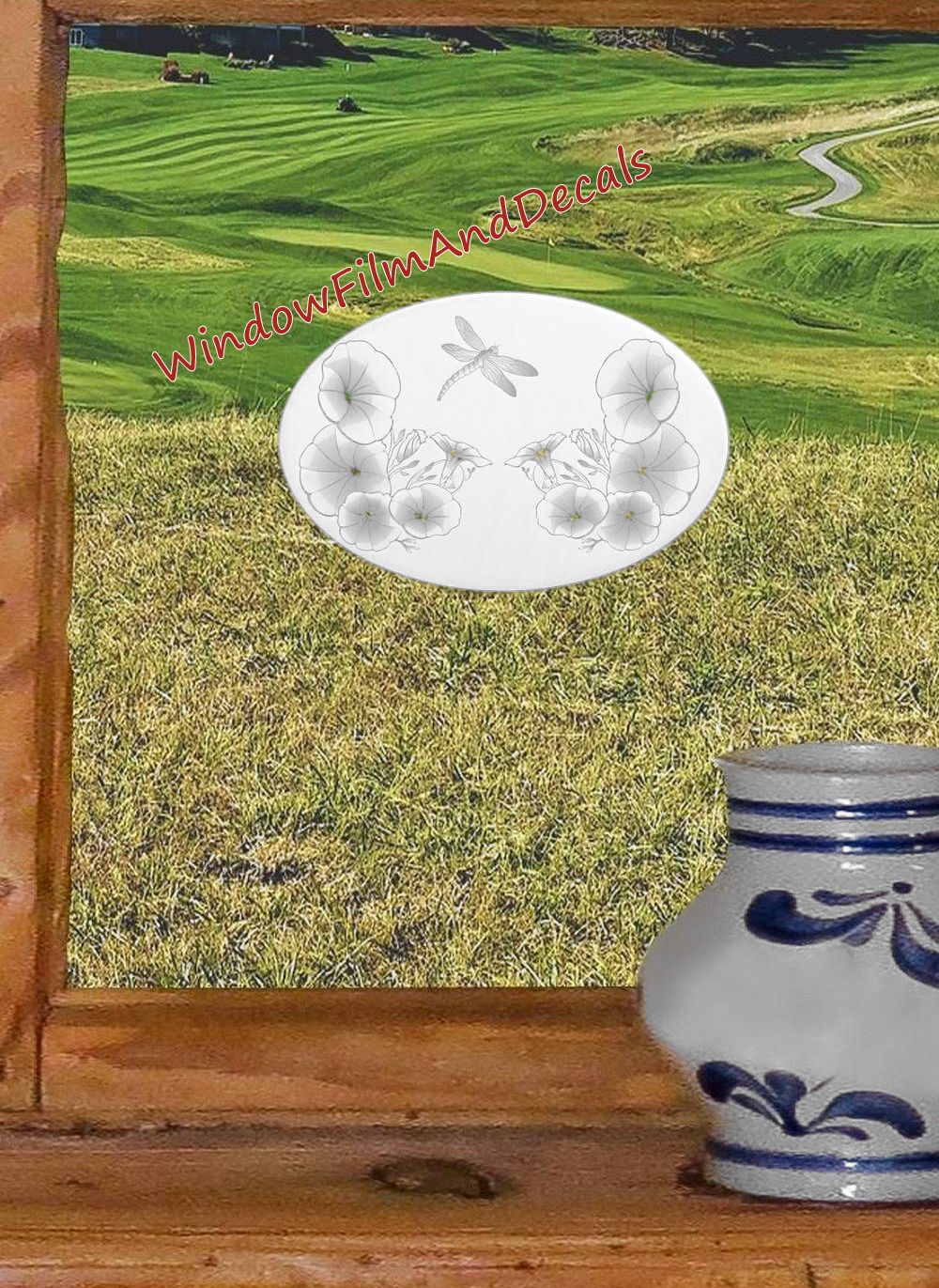Morning Glory & Dragonfly Oval Static Cling Window Decal - White with Clear Design