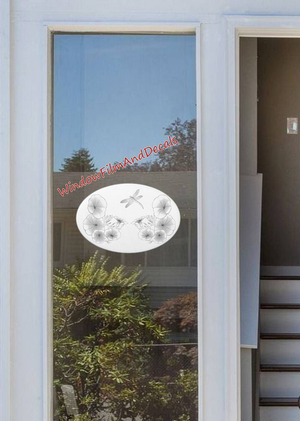 Morning Glory & Dragonfly Oval Static Cling Window Decal - White with Clear Design