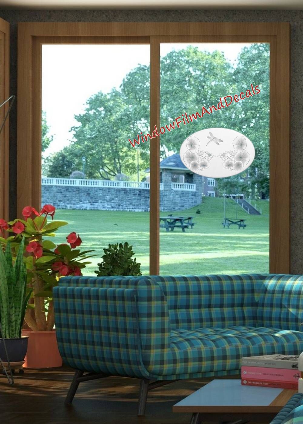 Morning Glory & Dragonfly Oval Static Cling Window Decal - White with Clear Design