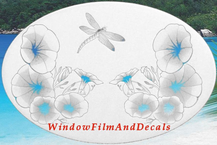 Morning Glory & Dragonfly Oval Static Cling Window Decal - White with Clear Design