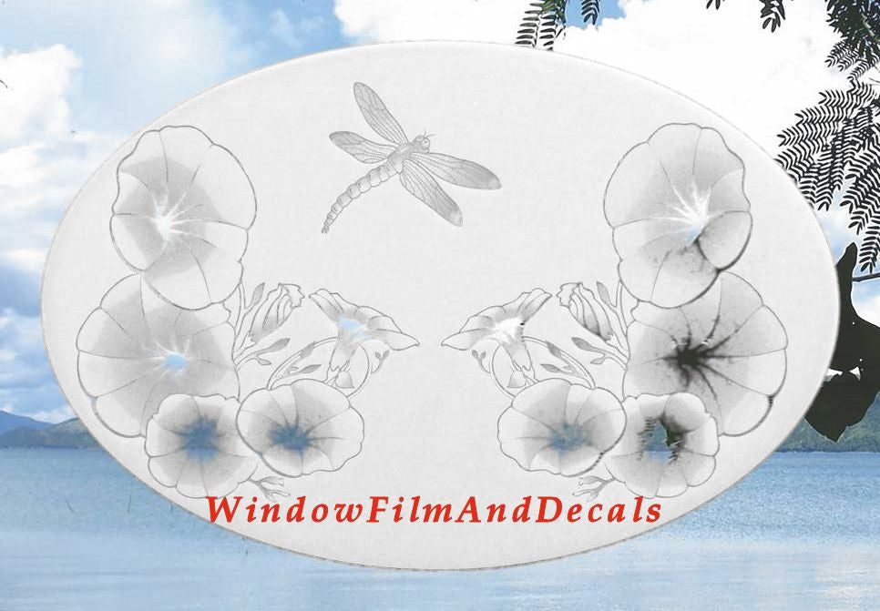 Morning Glory & Dragonfly Oval Static Cling Window Decal - White with Clear Design