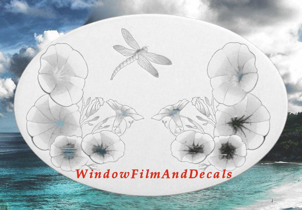 Morning Glory & Dragonfly Oval Static Cling Window Decal - White with Clear Design