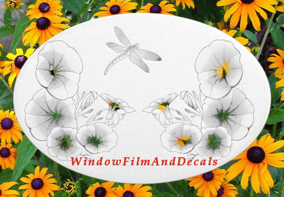 Morning Glory & Dragonfly Oval Static Cling Window Decal - White with Clear Design