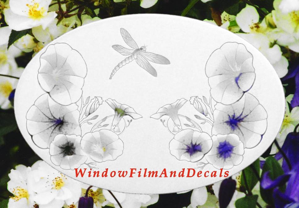 Morning Glory & Dragonfly Oval Static Cling Window Decal - White with Clear Design